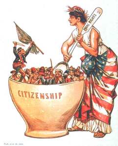 From 1889, this cartoon shows the image of the Irish immigrant (seen her with an Irish flag and a knife) as unmixable.